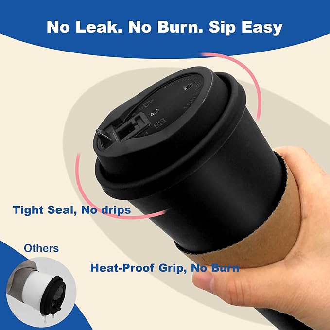 20 oz 50 Pack Coffee Cups with Lids and Sleeves, Straws, Hot Disposable To Go Travel Paper Cups Bulk for Office, Home Coffee Bar Accessories, Chocolate, Cocoa, Beverage (Black)
