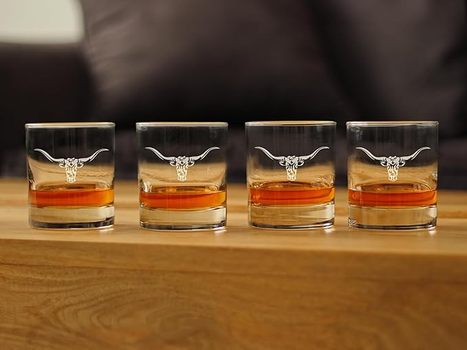 Bevvee Longhorn - Whiskey Rocks Glass - Set of 4 - Western Themed Farm Decor and Gifts for Texan Ranchers - 10.25 Ounce