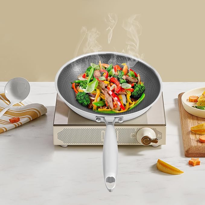 Stainless Steel Honeycomb Wok, Non-stick Cooking Frying Pan with Lid, Stir-fry Pan for Gas Stoves, Concave Induction, Ceramic, Electric Stoves (12.6 * 3.4in)