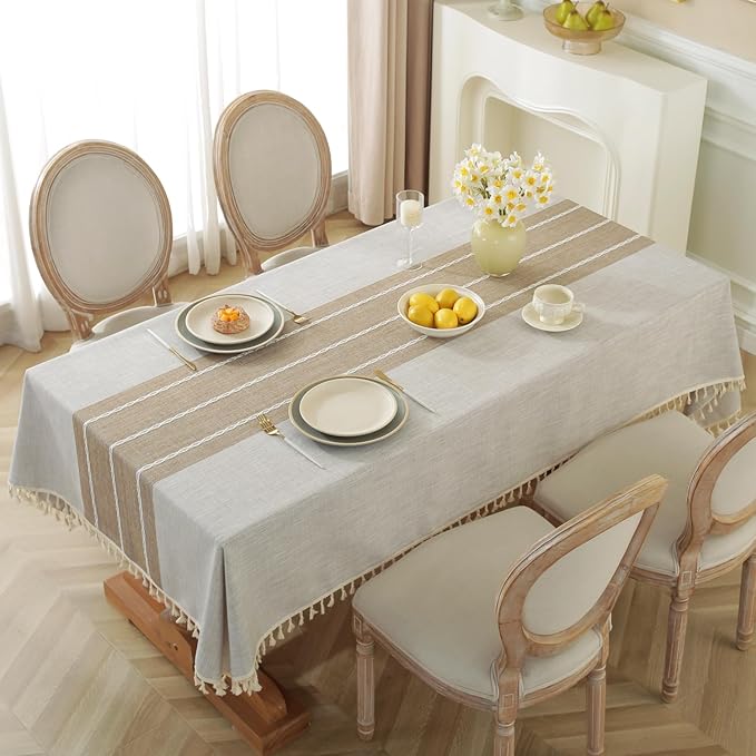 Alsoo Table Cloth Rectangle Table Rustic Waterproof Tablecloth Cotton Linen Wrinkle Free Spring Tablecloth for Party, Kitchen Dining, Holiday, Outdoor (Coffee Lines, 10-12 Seats, 55"x120")
