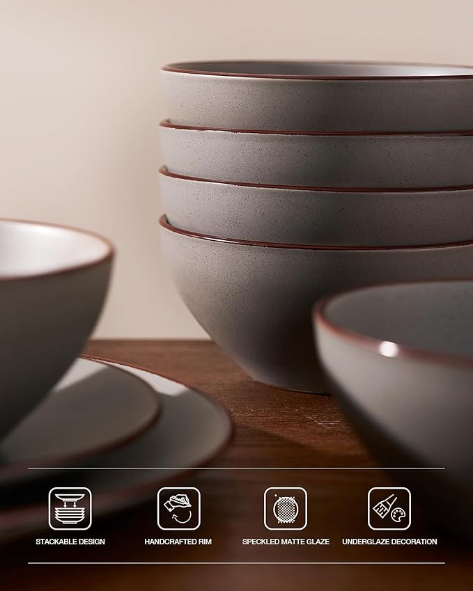Famiware Venus Speckled Dinnerware Set with Pasta Bowls, Service for 4 (16 Pieces), Stoneware Plates and Double Bowls Sets, Microwave & Dishwasher-Safe Dishes with Trim, Matte Dark Grey