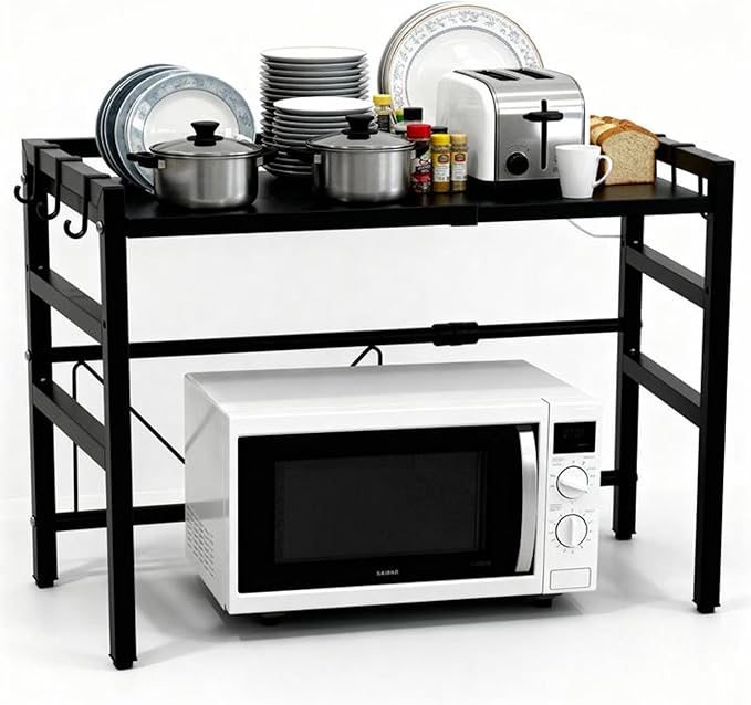 Microwave Oven Rack, Microwave Shelf Expandable Microwave Stand Countertop Kitchen Utensils, Bakers Rack, Carbon Steel Over Microwave Shelf Countertop with 6 Hooks (White, 2 Tier)