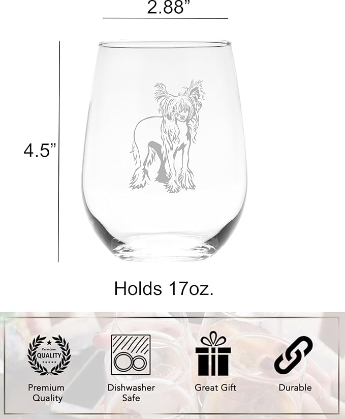 C M Chinese Crested Themed, Dog Stemless Wine Glass - Dog Lover Gift for Men and Women - 17 oz. (Style C1)