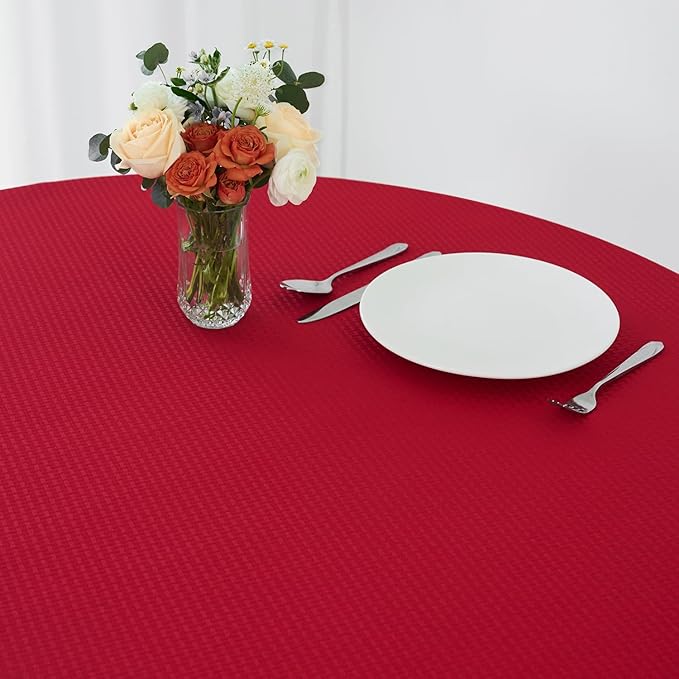 maxmill Round Tablecloth Weaved Texture Design Spill-Proof Wrinkle Free Soft Christmas Table Cloth for Circular Table Cover, for Dining Room Banquet Parties Holiday Dinner, 90 Inch Red