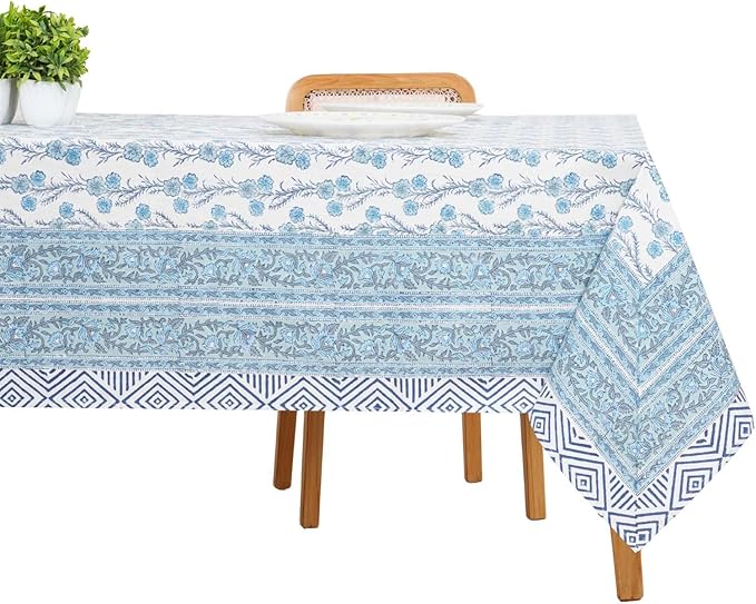 Handblock Print Cotton Tablecloth – 60x90 Rectangular Table Cover 6 Seats – Indian Block Printed Floral Dining Table Linen – Boho Washable Cloth for Kitchen, Party, Outdoor, Sky Blue