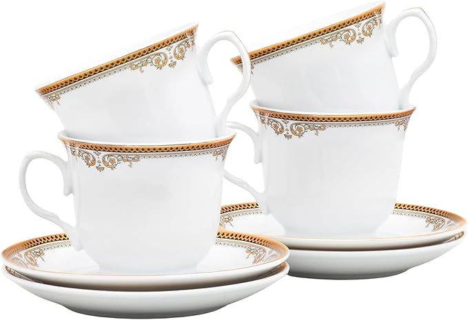 Gorgeous Porcelain Tea Set - 8 Piece White with Gold Floral Edge Design - 5.5 Inch Saucers, 6.5 oz Cups - For Parties, Cappuccino, Black Tea, Vintage Kitchen Decor (Floral Gold 3008, 8 Piece)