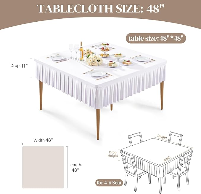 2 Pack White Spandex Tablecloths for 48x48 Inch Square Tables, Stretch Fitted Table Clothes with Pleated Ruffle Skirt for 48” Table, Wrinkle Free and Elastic, for Party Kitchen Home Dining Outdoor
