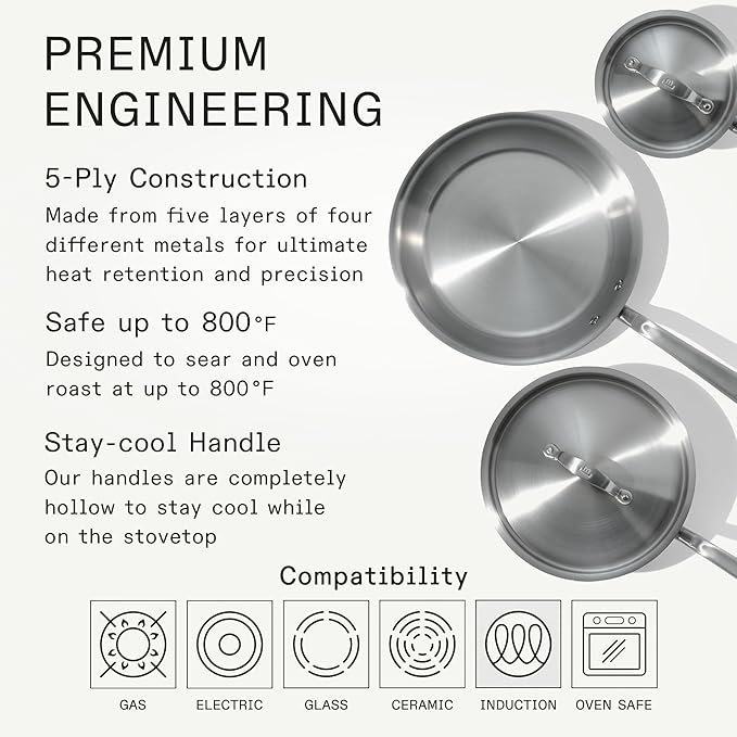 Made In Cookware - 5 Pc Stainless Steel Cookware Set - 5 Ply Clad - Includes Stainless Steel Frying Pan, Saucepan and Saucier with Lid - Professional Cookware - Crafted in Italy