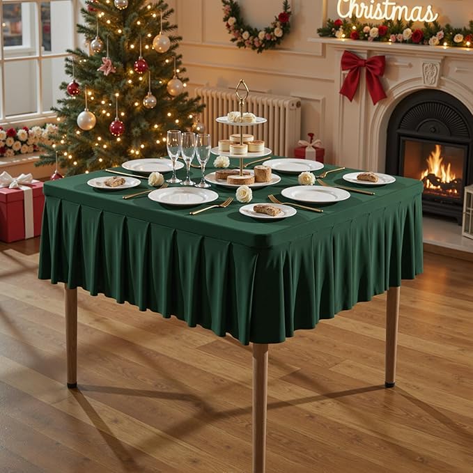 Wish Care Hunter Green Spandex Tablecloths for 48x48 Inch Square Tables, Stretch Fitted Table Clothes with Pleated Ruffle Skirt for 48” Table, Wrinkle Free and Elastic, for Party Kitchen Home Dining