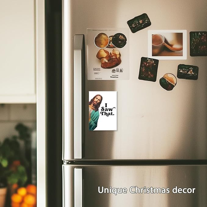 Funny Jesus “I Saw That” Ceramic Magnet, Refrigerator Magnet for Home or Office, Cute Bible Meme Decor, White Elephant Gift Idea, Christmas Gag Magnet, 2 x 2.75 Inch (Green)