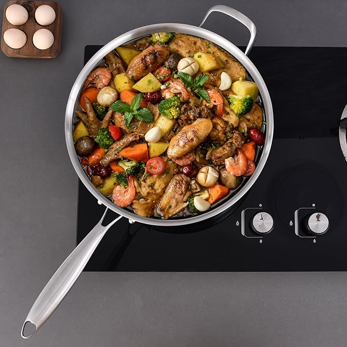 LOLYKITCH Whole Body Tri-Ply Stainless Steel 5.5 QT Sauté Pan with Lid,12 Inch Deep Frying Pan,Jumbo Cooker,Dishwasher and Oven Safe,Detachable Handle.