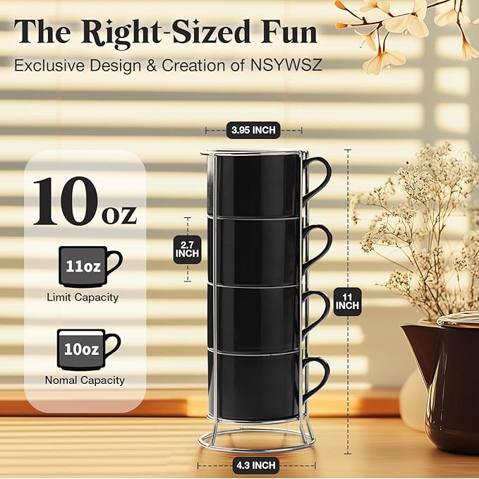 10 Ounce Black Porcelain Stackable Cappuccino Cups with Stainless Steel Holder, Set of 4, Durable Ceramic, Perfect for Home, Office or Gift