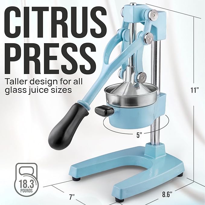 Zulay Kitchen Cast-Iron Orange Juice Squeezer - Heavy-Duty, Easy-to-Clean, Professional Citrus Juicer - Durable Stainless Steel Lemon Squeezer - Sturdy Manual Citrus Press & Orange Squeezer (Blue)