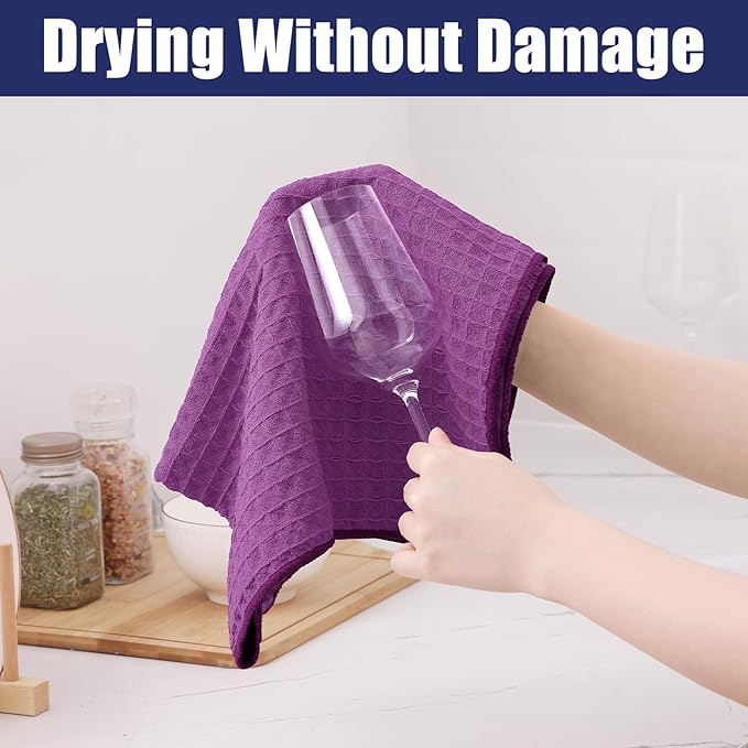 Homaxy Microfiber Waffle Weave Kitchen Towels Set, 16 x 28 Inch and 12 x 12 Inch Ultra Absorbent and Solid Color Dish Towels, 12 Pack, Purple