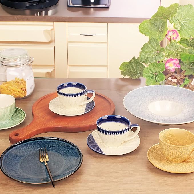 Coffee Mugs Set, 6.8 oz, Ceramic Tea Cup with saucer, Espresso Cups 8-piece, Stackable Cups, for Latte,Hot Tea,Cappuccino, Mocha, Cocoa, dishwasher & microwave safe, Blue border