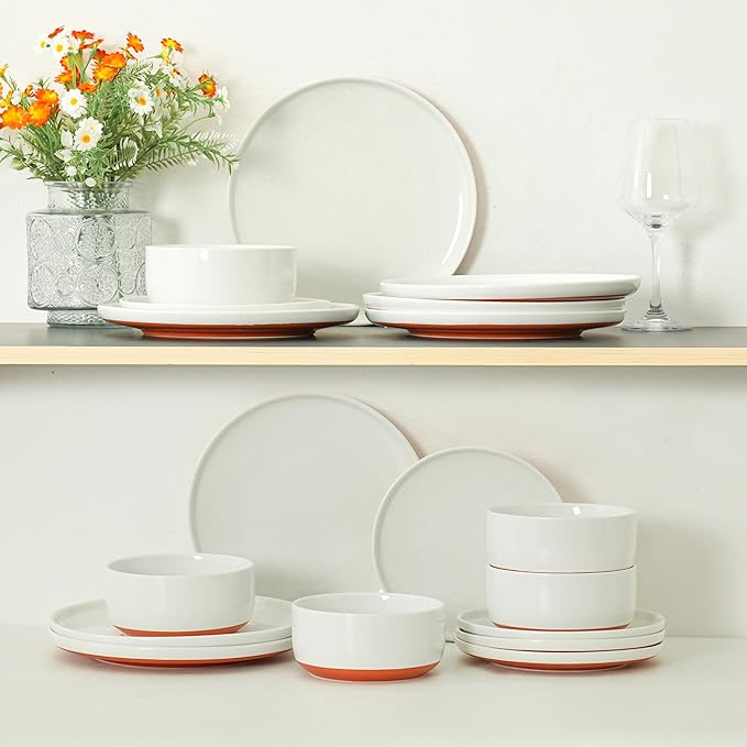24 Piece Dinnerware Set, Dual Glaze Stoneware Plates and Bowls Sets, Modern Dinner Plate, Salad Plate, Cereal Bowl, Dish Set for 8, Microwave and Dishwasher Safe, Stardust Glaze White