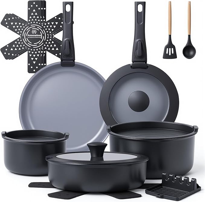 Ammeloo 18 Pcs Ceramic Pots and Pans Set Non Stick Kitchen Cookware Set with Detachable Handle, Non Toxic Cooking Set with Removable Handle for RVs, Camping, Fridge, Dishwasher/Oven Safe, Black