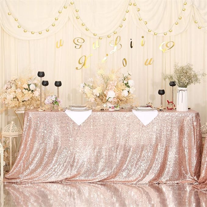 Eternal Beauty Rose Gold Tablecloth, 60x102 Inch Sequin Rectangle Table Cover for Valentines Cake Dessert Exhibition Party Birthday Events
