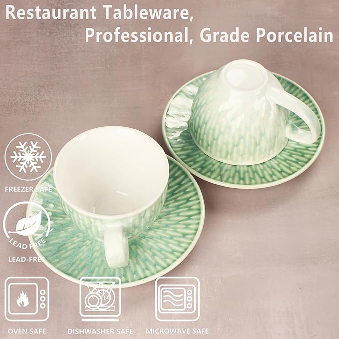 Coffee Mugs Set, 6.8 Oz,Ceramic Tea Cup with saucer, Espresso Cups 8-piece, Stackable Cups, for Latte,Hot Tea,Cappuccino, Mocha, Cocoa, dishwasher & microwave safe,Agate green