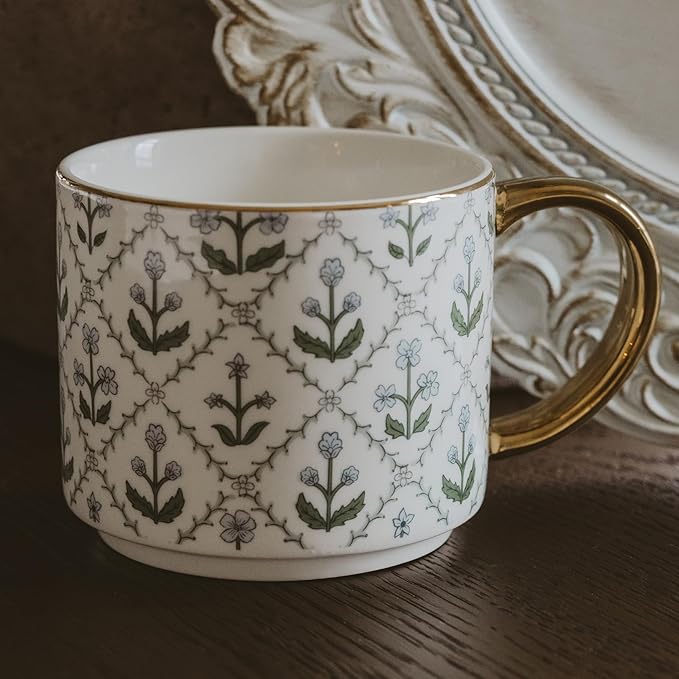 Sweet Water Decor Floral Quilted Coffee Mug, Vintage Floral Design with Gold Handle & Rim, 14oz Fine Bone China Tea Cup, Cottage Core Spring Collection, Cute Gifts for Mother's Day, & Women's Birthday