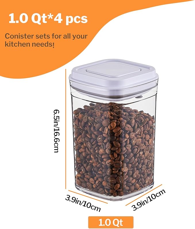 Pop Top Food Storage Container Set | 4Pcs Airtight Cereal Storage Organizer Canisters with Pop Lids, BPA-Free, Vacuum Seal & One-button Opening, Stackable Pantry Containers for Dry Food Storage