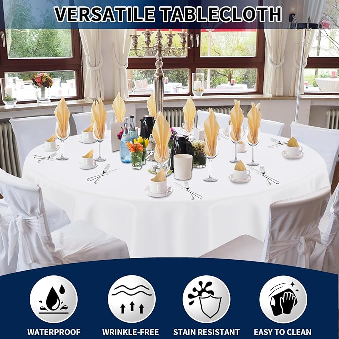 PureFit 6 Pack Round White Table Cloths 120 Inch for Round Tables, Stain and Wrinkle Resistant Table Linens for Home Use, Wedding, Party, Banquet and Camping