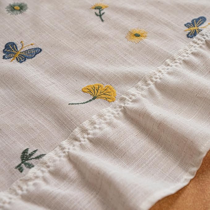Ruffled Polyester Linen Tablecloth, Rectangular Dining Table Sunflower Butterfly Flower Ginkgo Biloba Embroidered Tablecloth, Multi-Style Bohemian Country Rustic Farmhouse Tablecloth 55x71 inches