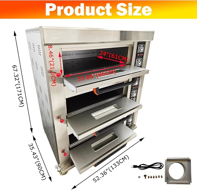 TECHTONGDA Commercial Pizza Oven Gas Heating Triple Deck Pizza Oven Stainless Steel Bread Baking Machine 6 Baking Sheets 110V for Restaurant Kitchen Bakery