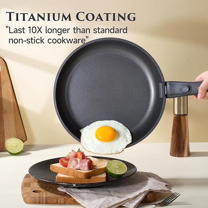JEETEE 20 Pcs Pots and Pans Set Non Stick, Titanium Reinforced Nonstick Cookware Set with Detachable Handle, Induction Kitchen Cookware Sets, Oven Safe & Space Saving for RV Camping