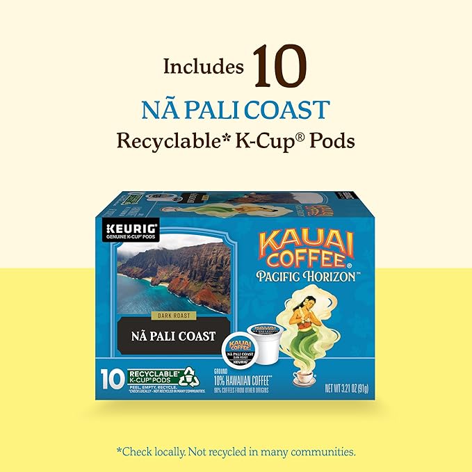 Kauai Coffee K-Cup Pods for Keurig Brewers – Arabica Coffee, 10% Hawaiian – Dark Roast, Nutty with Sweet Chocolate Overtones – Na Pali Coast, 1 Pack of 10 Single Serve K-Cups