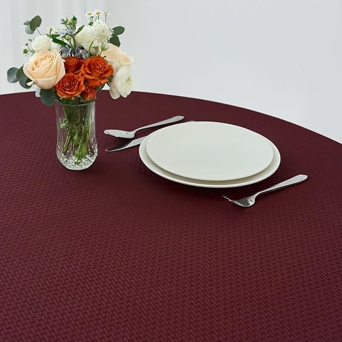maxmill Round Weaved Texture Design Tablecloth Spill-Proof Wrinkle Free Soft Washable Table Cloth for Circular Table Cover, for Dining Room Buffet Banquet Parties Holiday Dinner, 70 Inch Burgundy