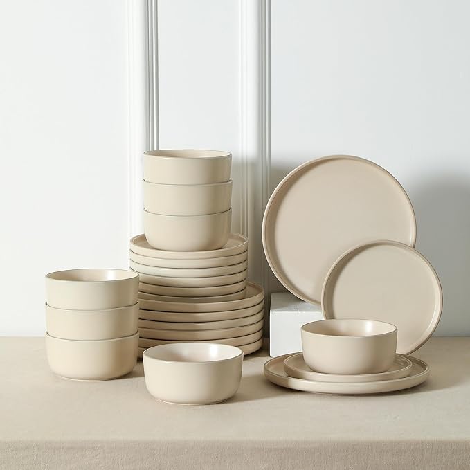 Earth & Clay Amber 24-Piece Dinnerware Set Stoneware, Dishwasher and Microwave Safe Plates and Bowls Set, Dish Set for 8, Beige