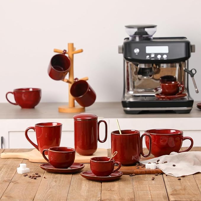 vicrays 6.5 oz Cappuccino Cups with Saucers, Set of 4, Ceramic Coffee Cup for Au Lait, Double shot, Latte, Cafe Mocha, Tea (Cherry Red)