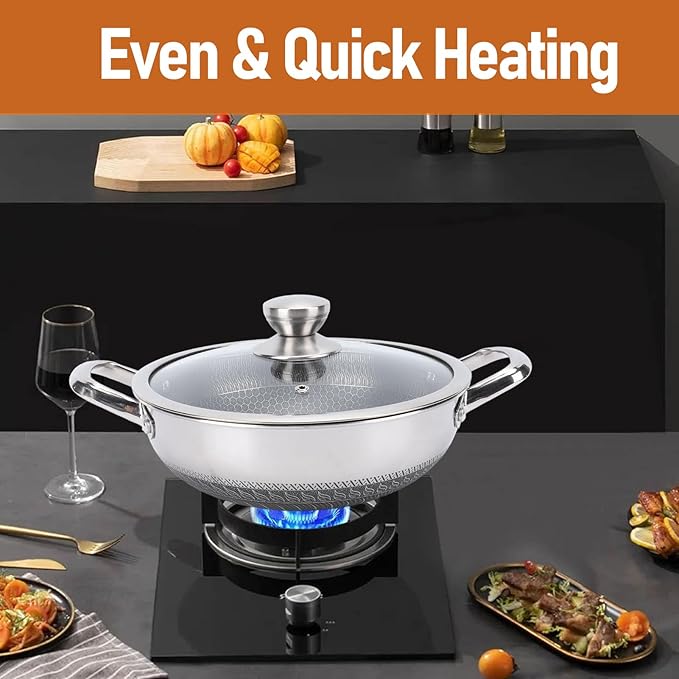 Stainless Steel Wok Pan, Nonstick Frying Pan Honeycomb Stir Fry Skillet with Lid, Compatible with Induction Cooker Gas Range, Dishwasher Safe (30cm)