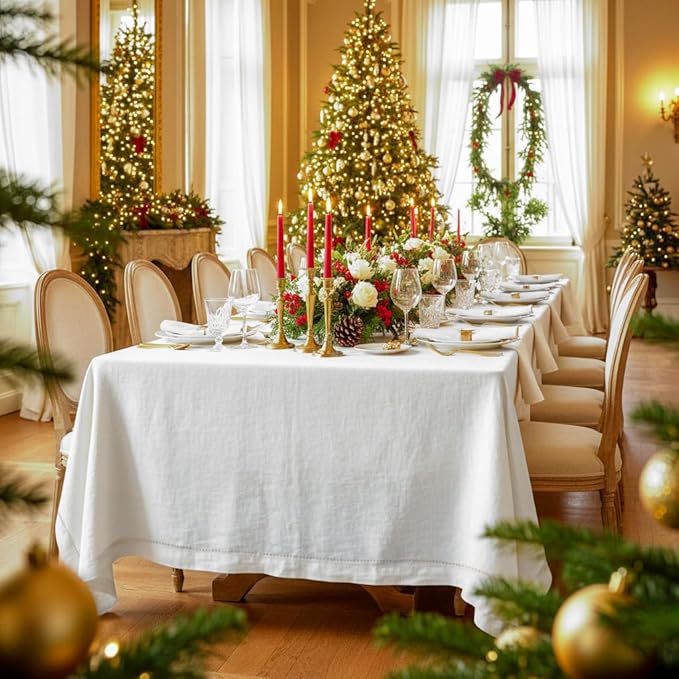 D'Moksha Homes White Linen Tablecloth for Rectangle Tables 60 x 84 Inch - Classic Hemstitch 100% Pure Linen White Table Cloth - Machine Washable Dining Tablecloth for Christmas, Holiday, New Year