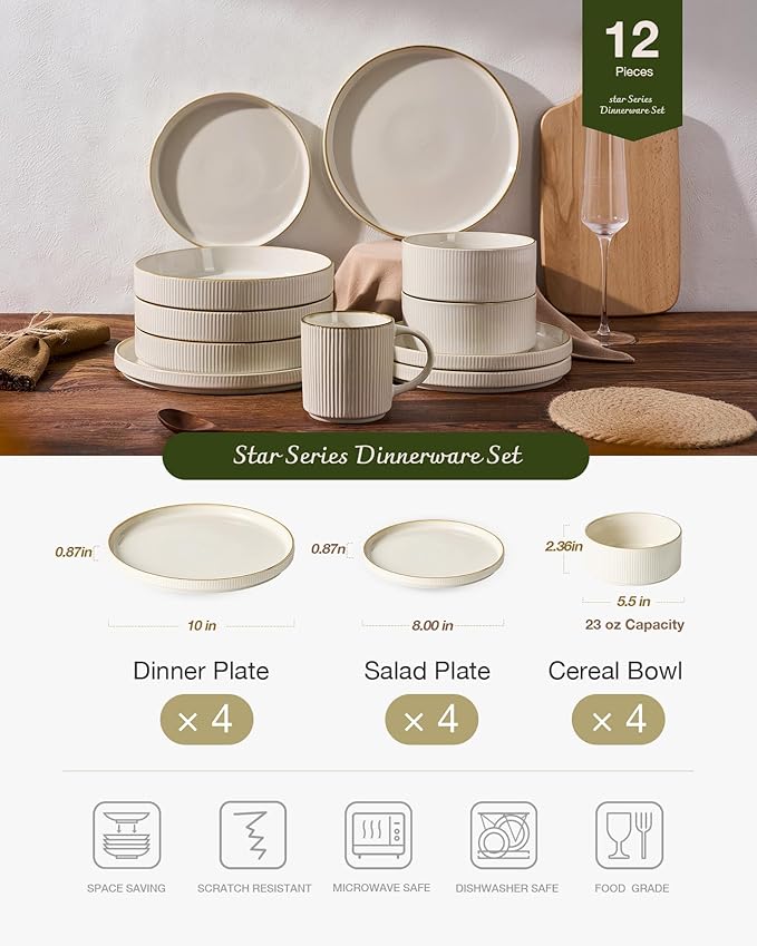 famiware Star Dinnerware Set, Plates and Bowls Sets for 4 (12pcs), Ribbed Stoneware Dishes - Chip & Scratch Resistant, Microwave & Dishwasher Safe Tableware, White