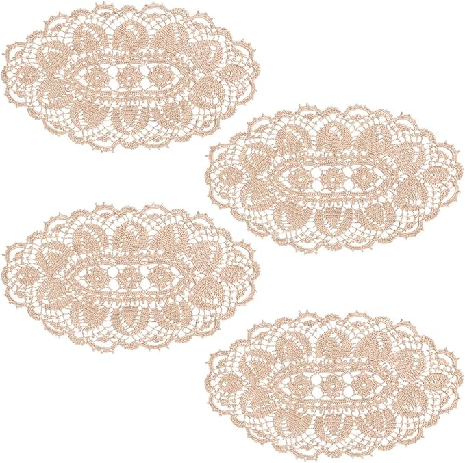 BIBITIME Lace Tablecloth Doily Handmade Crochet Placemat Women Vase Mat Kitchen Table Runner (4PCS- 12 x 22 in, Beige)