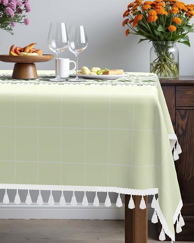 Bohemian Green Linen Tablecloth Rectangle - Boho Cherecked Table Cloth with Tassels, Waterproof & Wrinkle Free Farmhouse Dining Table Cover for Picnic, Kitchen, Holiday, 55''x70''