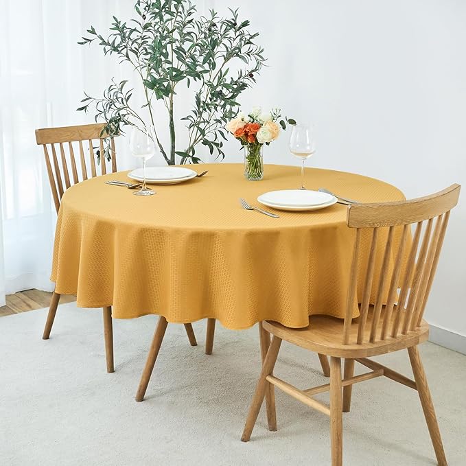 maxmill Round Weaved Texture Design Tablecloth Spill-Proof Wrinkle Free Soft Washable Table Cloth for Circular Table Cover, for Dining Room Banquet Parties Holiday Dinner, 70 Inch Ochre Yellow
