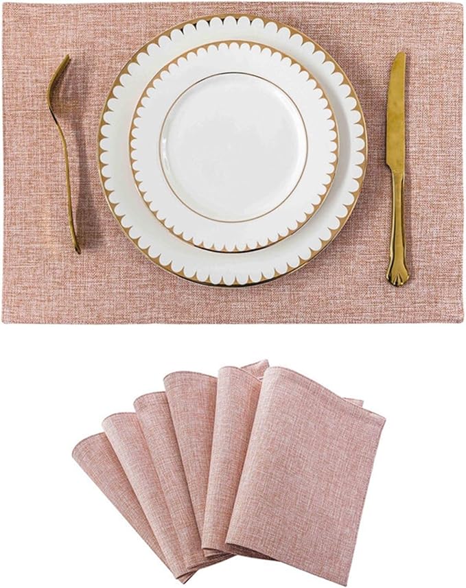 Placemat Set of 4/6 Washable Place Mats Placemats Heat Faux Linen Burlap Placemat for Dining Table Kitchen Table Mats(Pink 6 Pieces)