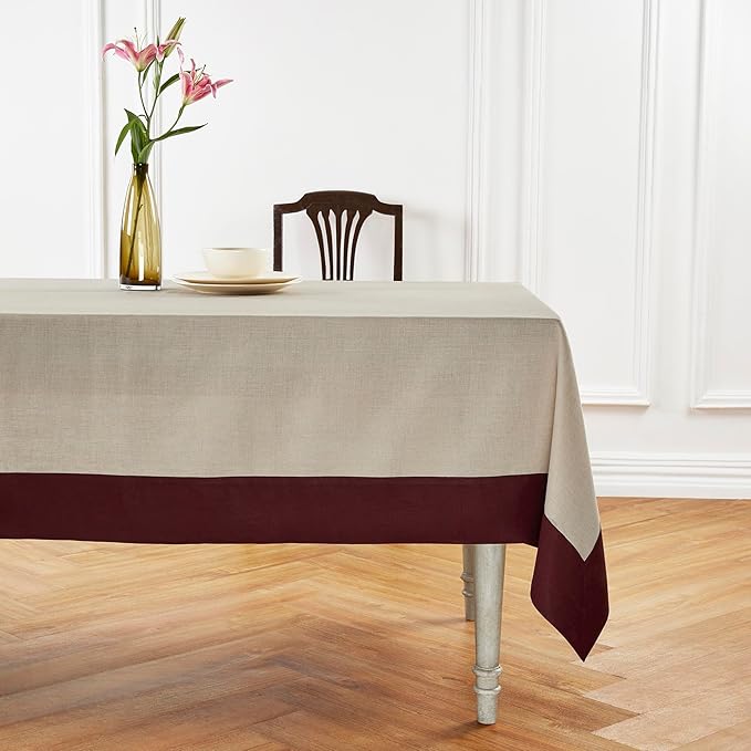 Solino Home Linen Tablecloth 60 x 108 Inch - 100% Pure Linen Burgundy and Natural Rectangular Tablecloth - Machine Washable Table Cloth for Valentines, Winter - Contempo