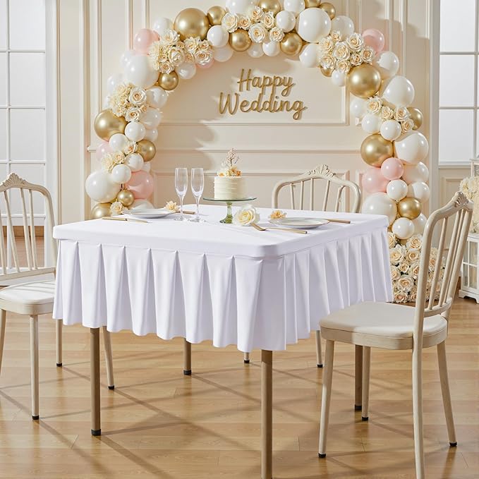 Wish Care 2 Pack White Spandex Tablecloths for 34x34 Inch Square Tables, Stretch Fitted Table Clothes with Pleated Ruffle Skirt for 34” Table, Wrinkle Free and Elastic, for Party Kitchen Home Dining