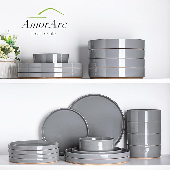 AmorArc Ceramic Dinnerware Set for 4 | Speckled Stoneware Plates and Bowls with unglazed terracotta | Scratch Resistant, Dishwasher & Microwave Safe Dishes Sets- 12-Pcs Gray