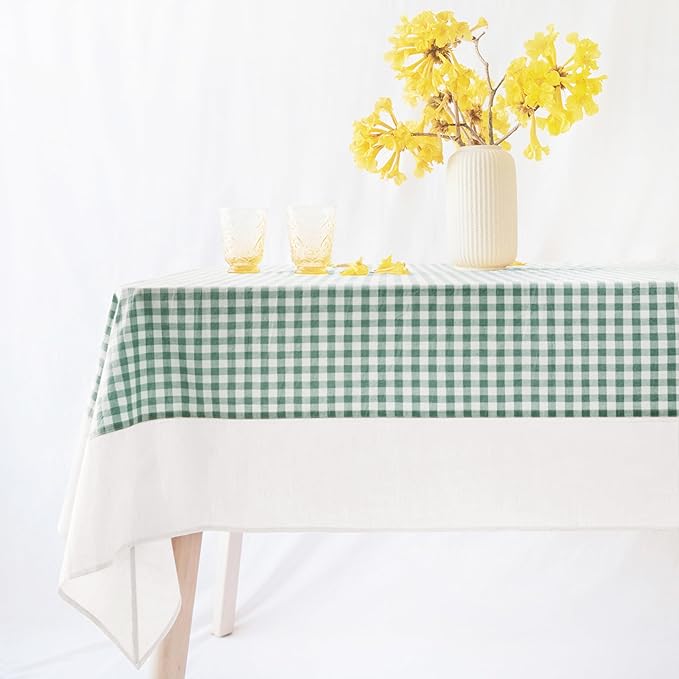 MONDAY MOOSE Gingham Checkered Farmhouse Rustic Picnic Style Decoration Rectangle Natural Stonewashed Cotton Tablecloth for Kitchen, Dining Room, Restaurant (60x102 inch, Green/White)