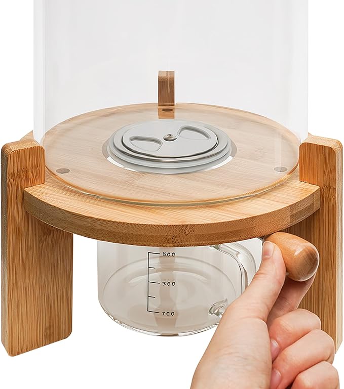 Flour and Cereal Container, Rice Dispenser 5L Glass Food Storge Container for Kitchen Organization and Pantry Store, with Airtight Lid, Measuring Cup and Wooden Stand
