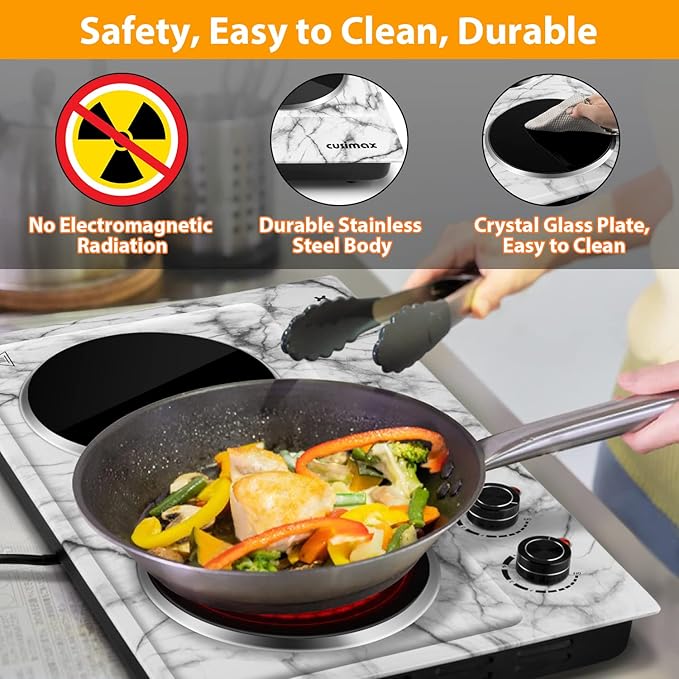 CUSIMAX Hot Plate, 1800W Double Burner Electric Hot Plate for Cooking, Dual Control Portable Infrared Stove Countertop Cooktop, Heat-up in Seconds, Stainless Steel White Marble