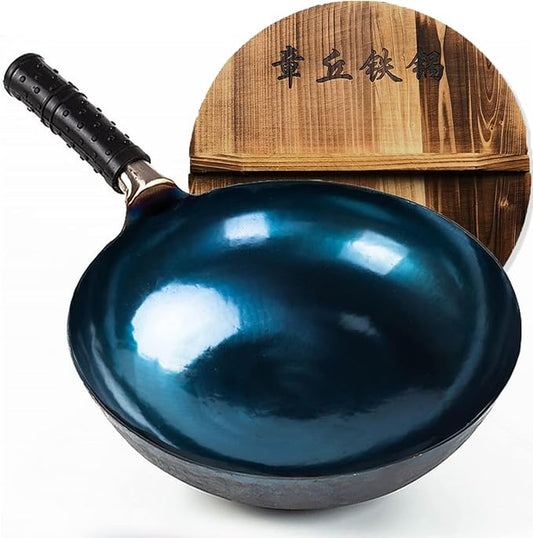 14 Inch Chinese Hand Hammered Iron Wok and Stir Fry Pans with Lid Round Bottom Wok Pan Non-stick No Coating Ideal for Home Use and Gift Giving