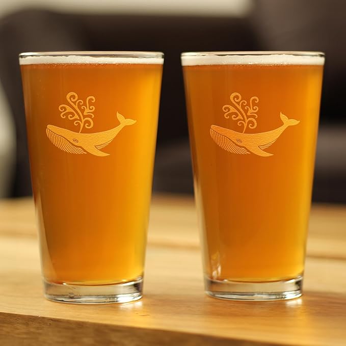 Bevvee Whale Pint Glass for Beer - Beach Themed Decor and Gifts for Whale Lovers - Set of 2-16 Oz Glasses