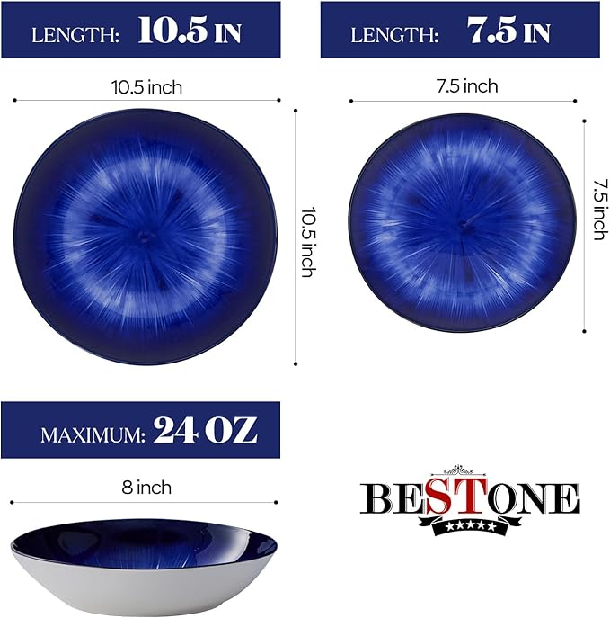 Bestone 12-Piece Round Porcelain Dinnerware Set, Service for 4, Chip Resistant Plates and Bowls, Starburst Turquoise Dark Blue, Dishwasher & Microwave Safe for Home Daily Use