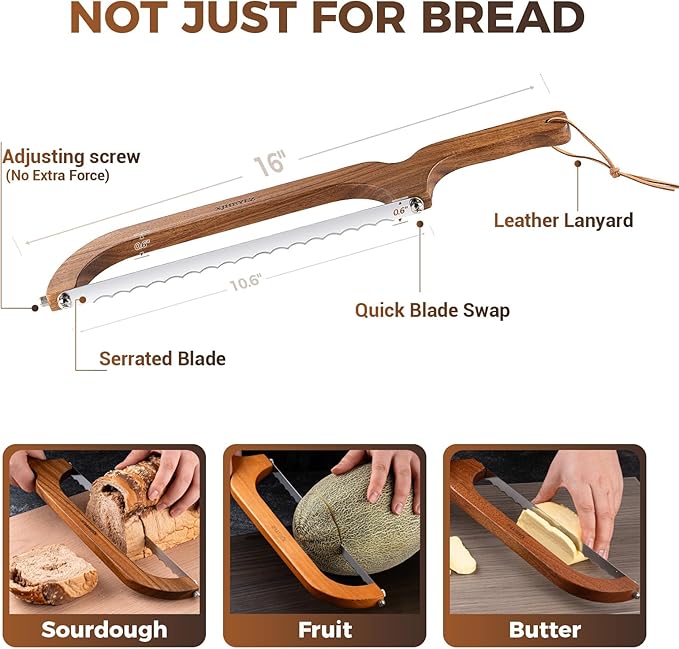 Sourdough bread knife,Bread Slicer for Homemade Bread,Adjustable blade tightness for Even Slicing, Serrated knife,Wooden Bread cutter with Bow Design (3, Natural Wood)
